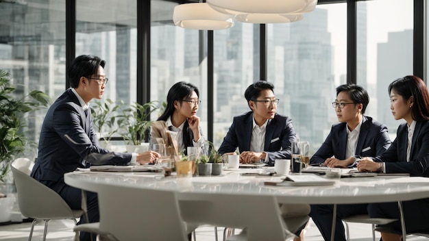 Mostrare la dinamica di un team aziendale asiatico diversificato durante una riunione su una scrivania bianca