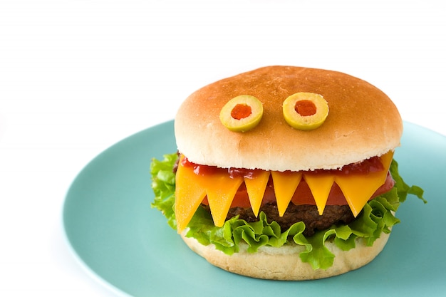 Mostro di hamburger di Halloween isolato su bianco