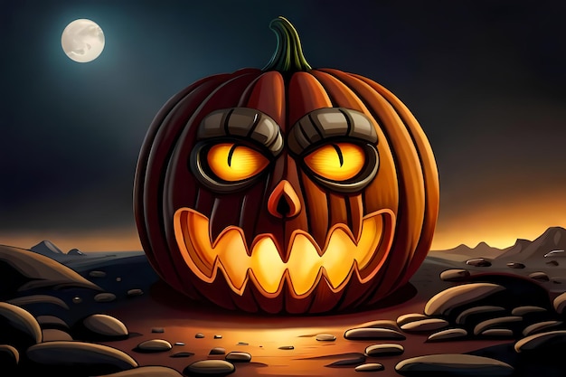 Mostro di zucca di Halloween e paesaggio austero Illustrazione dell'IA generativa