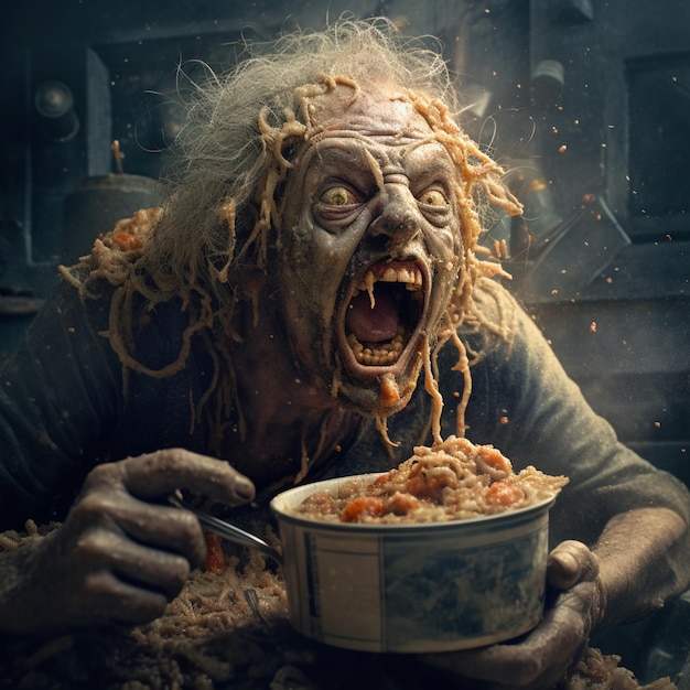 mostro umano zombie che attacca il cibo