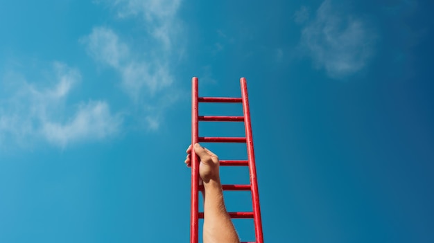 Motivazione Crescita Carriera Concetto Equipaggia La Mano Per Raggiungere La Scala Rossa Che Conduce Ad Un Cielo Blu