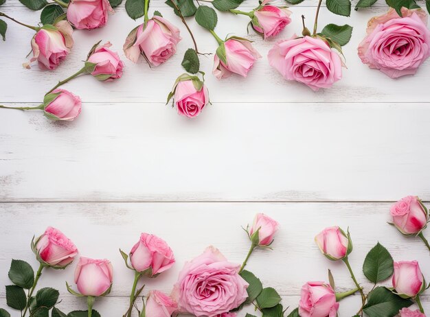 Motivo a corona con cornice rotonda con rose rosa boccioli di fiori rami e foglie isolati su sfondo bianco piatto vista dall'alto