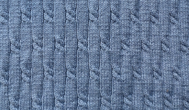 Motivo a maglia. Close-up di tessitura di lana lavorata a maglia. Maglia fantasia blu.