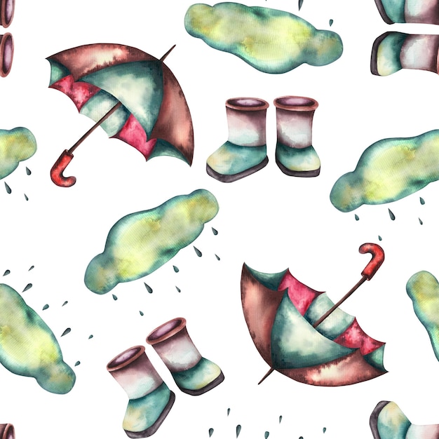 Motivo Acquerello illustrazione del bambino Motivo acquerello per bambini con anatroccoli stivali ombrello e navi
