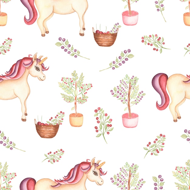 Motivo acquerello senza cuciture con alberi e bacche unicorno Design per carta da parati in stile bambina Disegno a mano fiaba che ripete lo sfondo