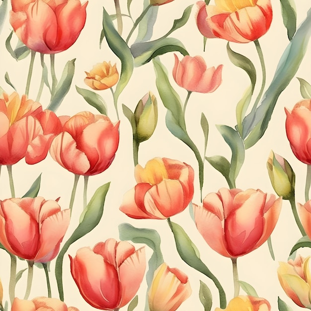 Motivo acquerello senza cuciture con fiori di tulipano Sfondo floreale dell'illustrazione AI generato