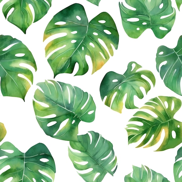 Motivo acquerello senza cuciture con foglie di piante monstera Illustrazione floreale sfondo AI generato