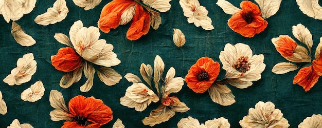 Motivo astratto sul tessuto a forma di fiori nei toni caldi del rosso verde e crema