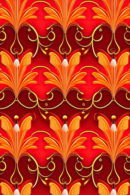 Motivo botanico art nouveau senza cuciture Fiori astratti in oro su sfondo rosso