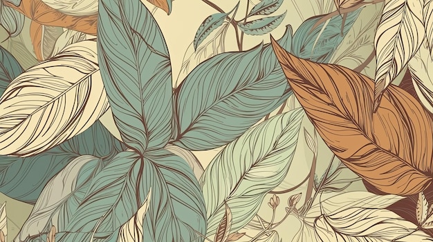 Motivo botanico senza cuciture con illustrazione foglia vintage per il design tessile AI generativa