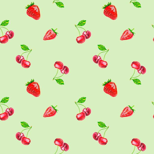 Motivo ciliegia e fragola Bacche estive Stampa succosa Illustrazione ad acquerello