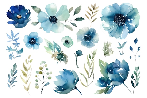 Motivo con fiori blu primaverili e foglie motivo floreale per carta da parati o tessuto AI