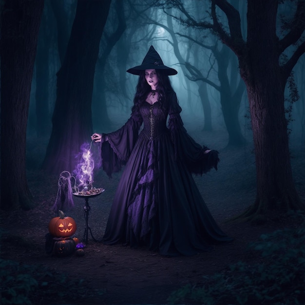 motivo di halloween Strega oscura che evoca fantasmi in una foresta magica oscura spiriti intorno alla sua notte