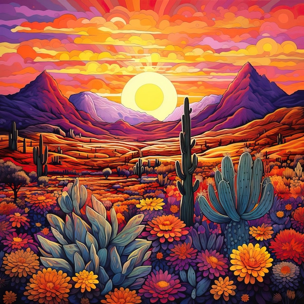 Motivo di ricamo messicano che raffigura un sereno paesaggio desertico con cactus e montagne