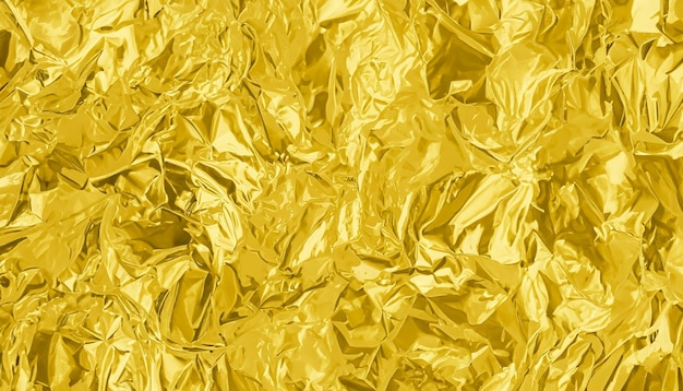 Motivo di sfondo con texture in lamina d'oro lucido di carta da imballaggio gialla con sgualcitura e ondulazione