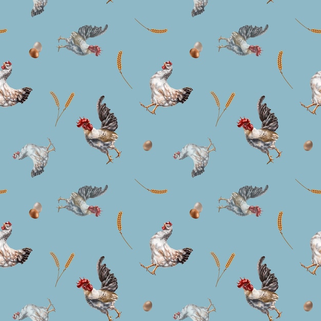 Motivo disegnato a mano senza cuciture con pollo e gallo Sfondo floreale per banner di tessuti tessili