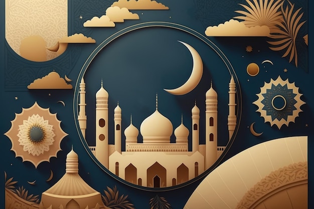 Motivo e sfondo della moschea di architettura araba Ramadan Kareem Eid Mubarak Illustrazioni di vacanza islamica stile artigianale di carta