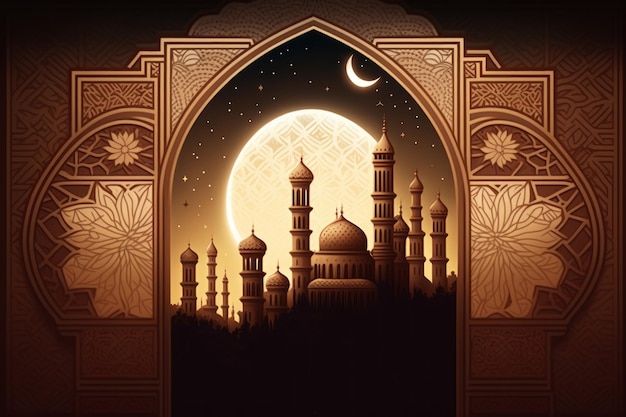 Motivo e sfondo della moschea di architettura araba Ramadan Kareem Eid Mubarak Illustrazioni di vacanza islamica stile artigianale di carta