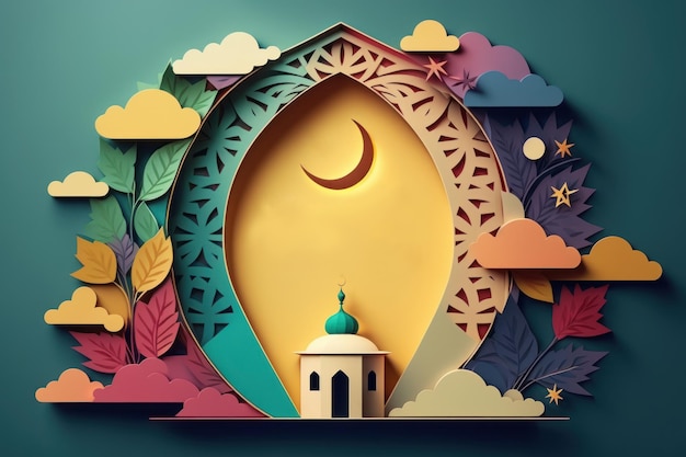 Motivo e sfondo della moschea di architettura araba Ramadan Kareem Eid Mubarak Illustrazioni di vacanza islamica stile artigianale di carta