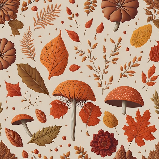 Motivo floreale autunnale funghi fiori foglie Bellissimo sfondo realistico stampa colori vivaci