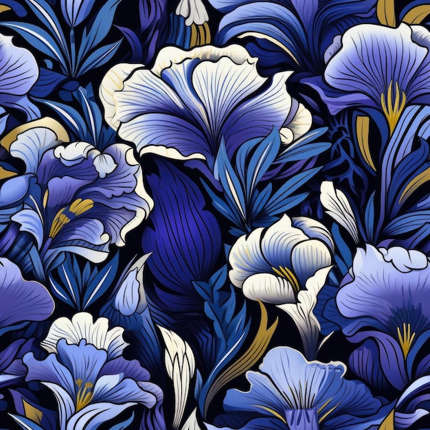 Motivo floreale blu iris per tessuti in stile art nouveau piastrellato