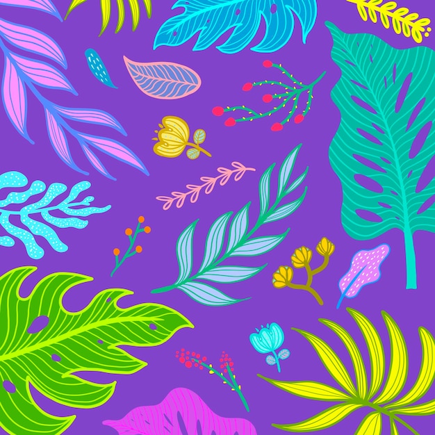 Motivo floreale esotico con fiori tropicali colorati e foglie tropicali sullo sfondo dell'illustrazione