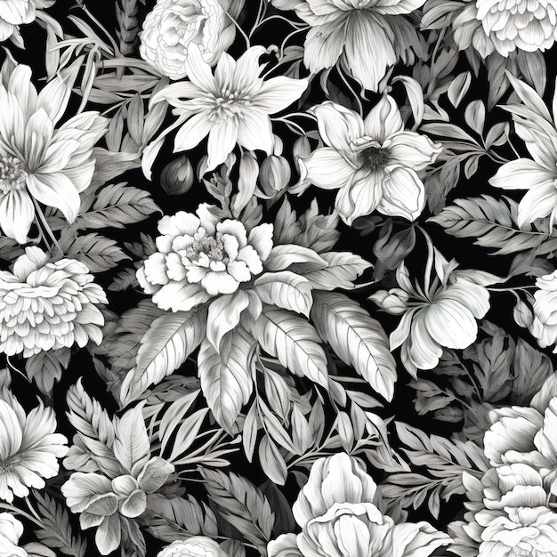 Motivo floreale in bianco e nero con molti fiori.