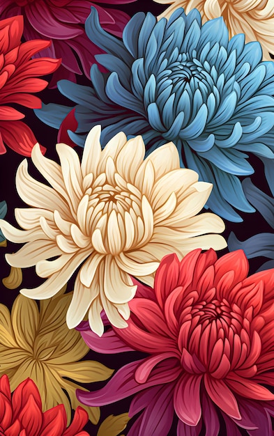 Motivo floreale senza cuciture con crisantemi su sfondo colorato IA generativa