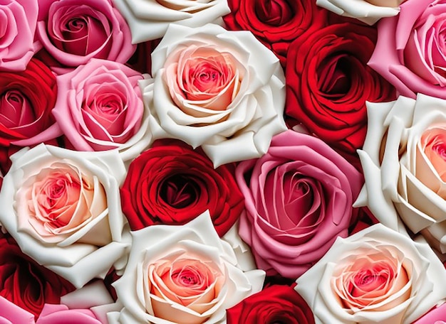 Motivo floreale senza cuciture di bellissimo fiore rosa rosso e bianco su sfondo bianco isolato