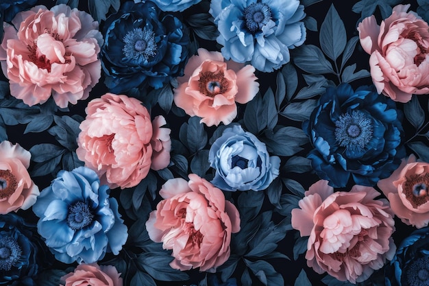 Motivo floreale vintage con peonie blu e rosa su sfondo nero