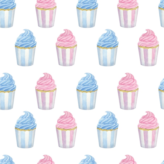 Motivo infinito rosa blu muffin cupcakes risma Disegnato a mano acquerello illustrazione sfondo bianco rivelare festa bambino doccia tessuti