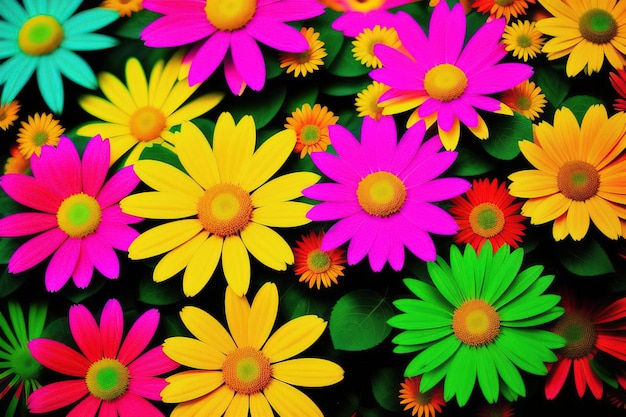 Motivo psichedelico di fiori acidi colorati nello stile dell'IA generativa degli anni '70