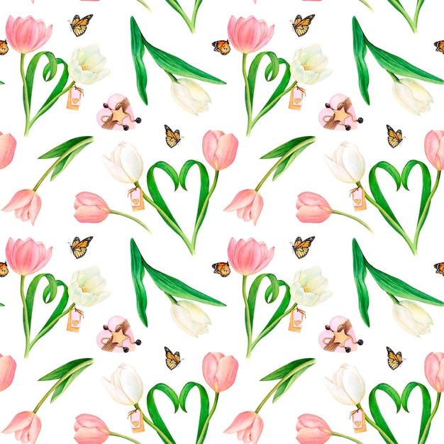 Motivo quadrato disegnato ad acquerello con bellissimi cuori di tulipano rosa e bianco fiori staccati farfalle nome carte cuori in legno