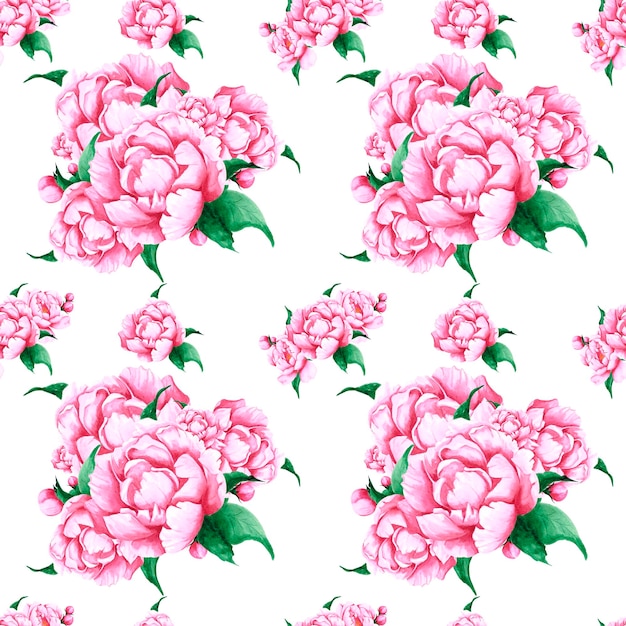 Motivo senza cuciture con fiori di peonia disegnati a mano Peonia rosa acquerello su sfondo bianco