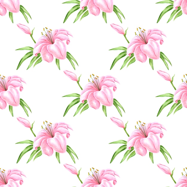 Motivo senza cuciture con fiori disegnati a mano Giglio rosa acquerello su sfondo bianco Tessile per banner scrapbook