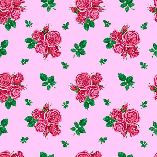 Motivo senza cuciture con rose disegnate a mano Composizione di fiori rosa acquerello su sfondo rosa scuro