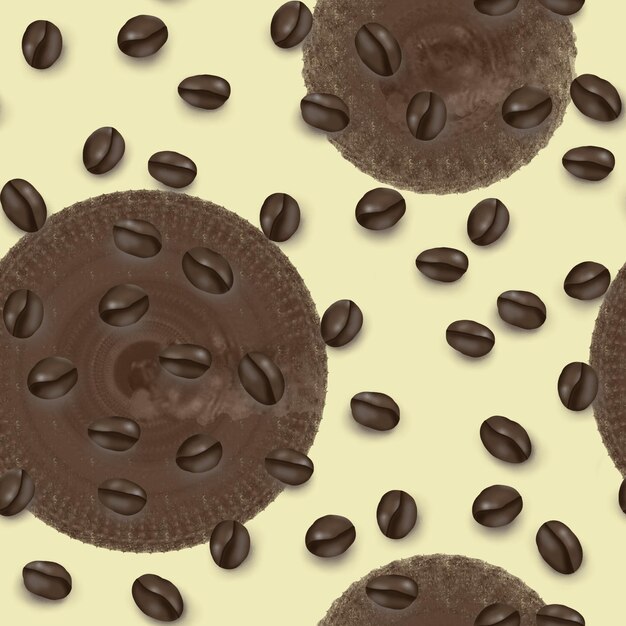 Motivo senza cuciture di chicchi di caffè e biscotti al cioccolato isolati su sfondo color vaniglia