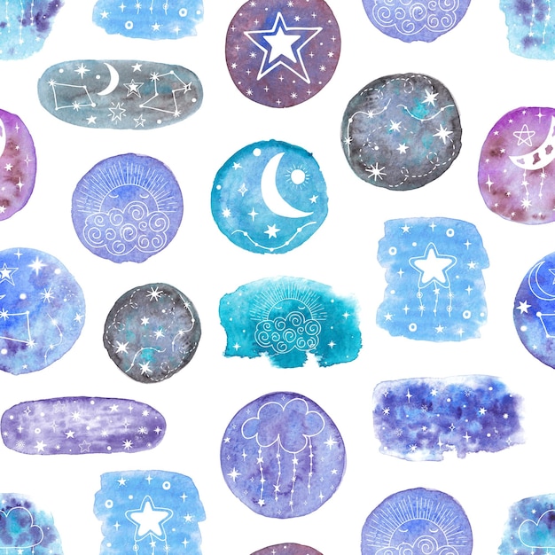 Motivo senza giunture a stella acquerello Doodle illustrazione di stelle macchie blu Stampa celeste per carta digitale da imballaggio in tessuto