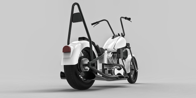 Moto custom classica bianca e nera isolata su sfondo grigio chiaro. rendering 3D.