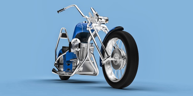 Moto custom classica blu isolata su sfondo azzurro. rendering 3D.