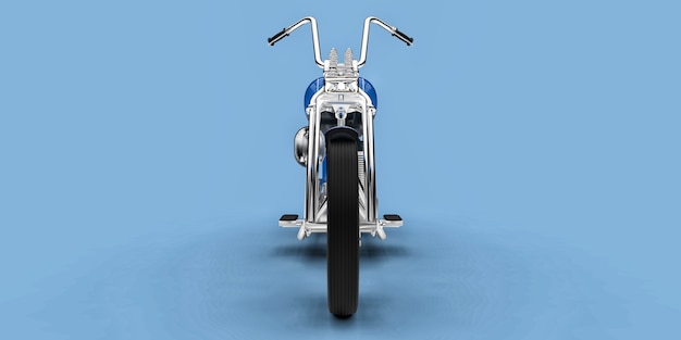 Moto custom classica blu isolata su sfondo azzurro. rendering 3D.