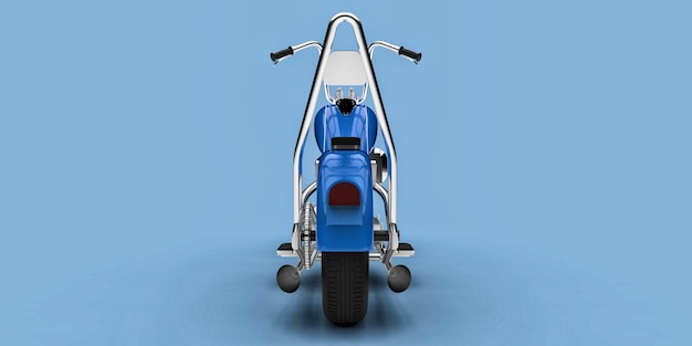 Moto custom classica blu isolata su sfondo azzurro. rendering 3D.