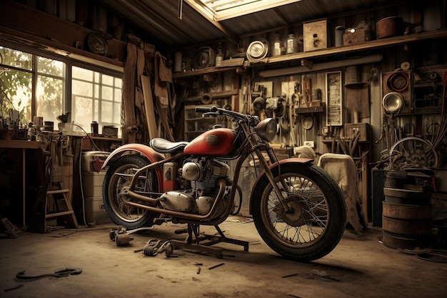 Moto retrò in un garage vintage AI generativa