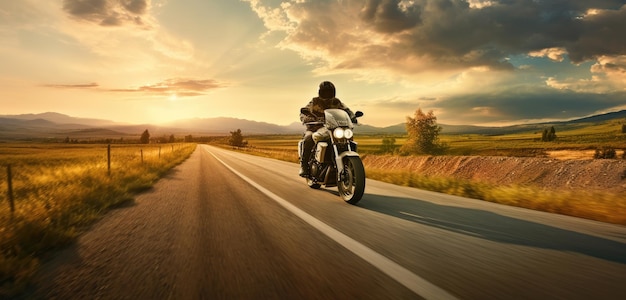 moto su strada in sella divertendosi a guidare la strada vuota in un viaggio in moto