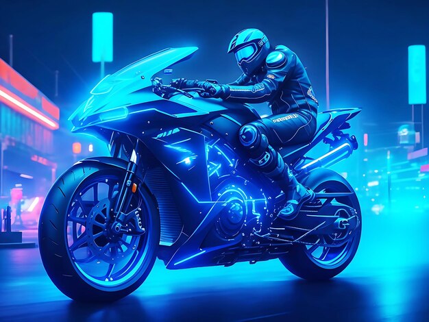 Motocicletta blu luminosa cyberpunk illustrazione digitale generativa ai