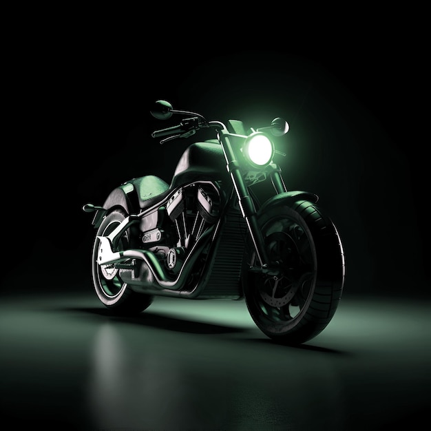 Motocicletta con luce blu su uno sfondo nero rendering 3D