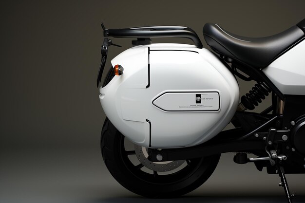 Motocicletta con valigia su uno sfondo bianco rendering 3D