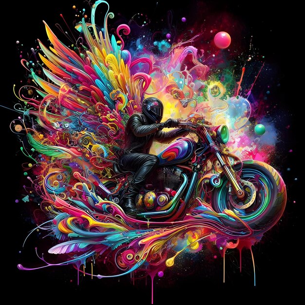 Motocicletta con vernice colorata spruzza su sfondo scuro rendering 3d