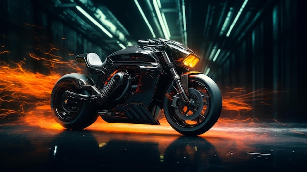 Motocicletta cyberpunk con spazio per la copia IA generativa