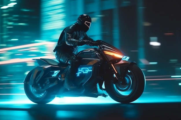 Motocicletta progettata da Cyberpunk con pilota furioso ad alta velocità generativa ai